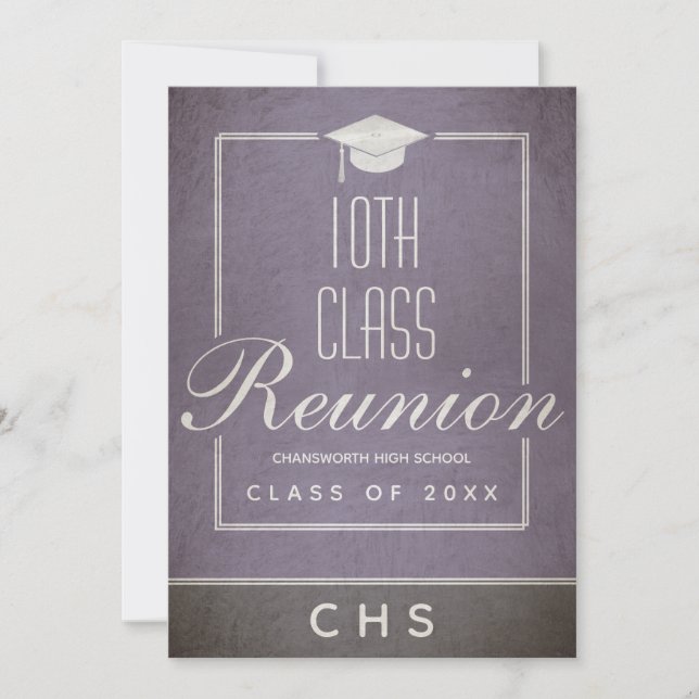 10th Class Reunion Elegant Script Purple Black Invitation (Front)
