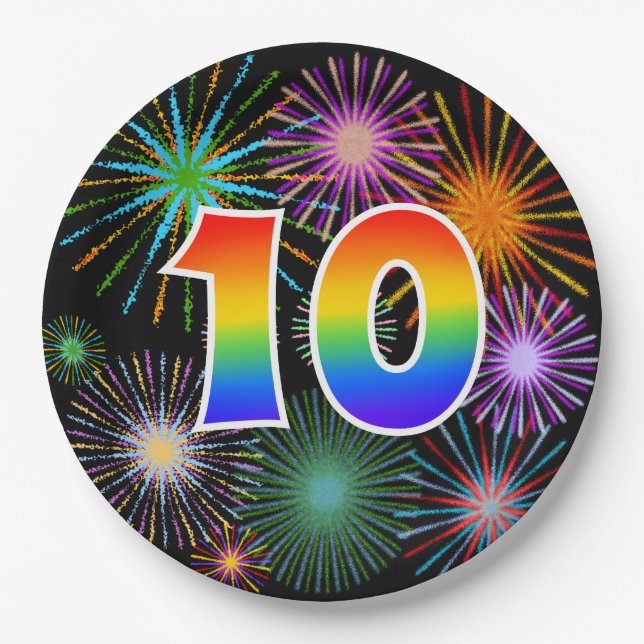 10th Event - Fun, Colourful, Bold, Rainbow 10 Paper Plate (Front)
