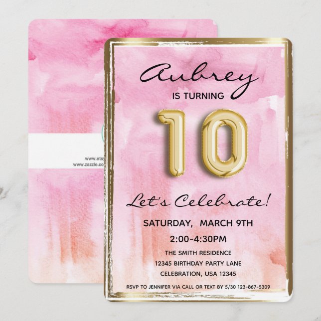 10th Girl Birthday Pink and Gold Invitation (Front/Back)