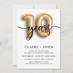 10th Gold Balloon Years Anniversary Invitation
