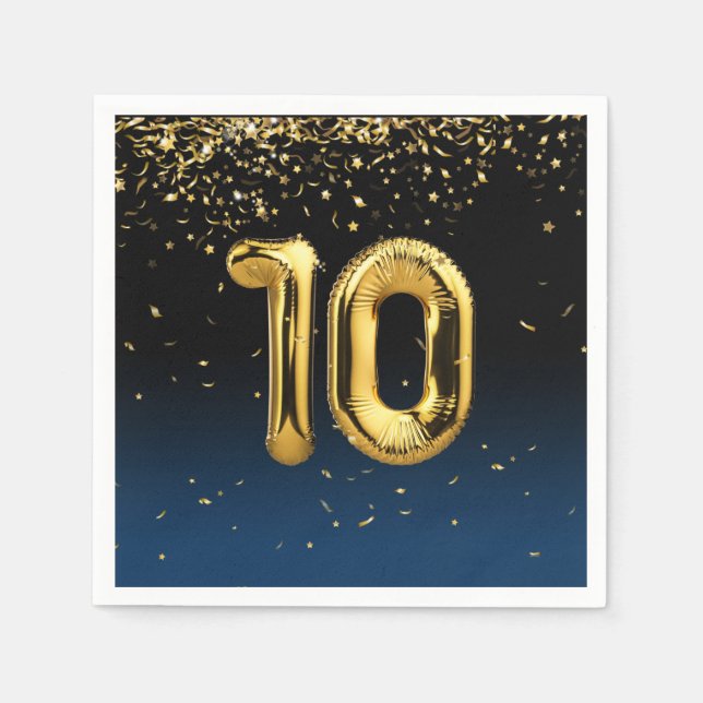 10th Gold Balloons and Confetti Napkins (Front)