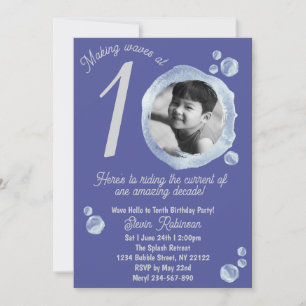 10th Indigo Blue Bubble Birthday Party Invitation