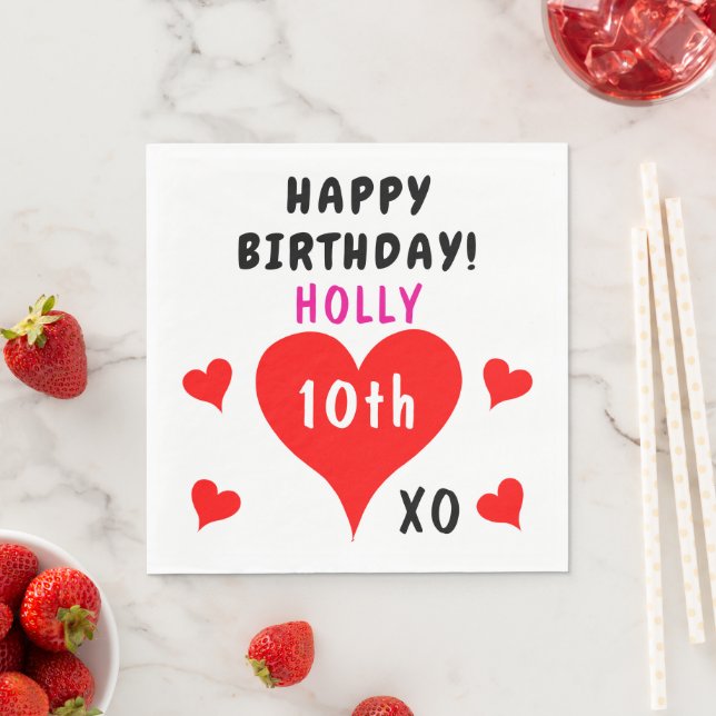 10th irthday Red Hearts Name Any Age Napkin (Insitu)