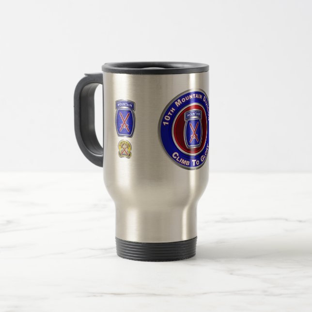10th Mountain Division “Climb To Glory” Travel Mug (Front Left)