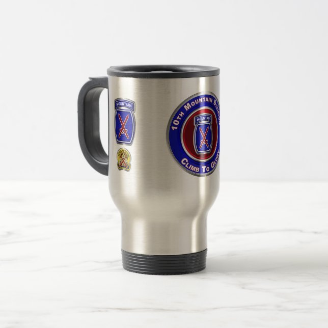 10th Mountain Division “Climb To Glory” Travel Mug (Front Left)