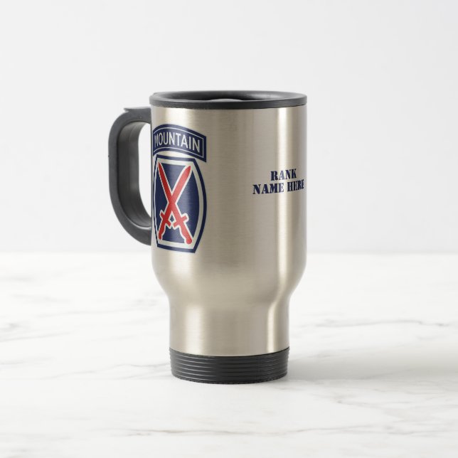 10th Mountain Division "Mountaineer" Badge Travel Mug (Front Left)