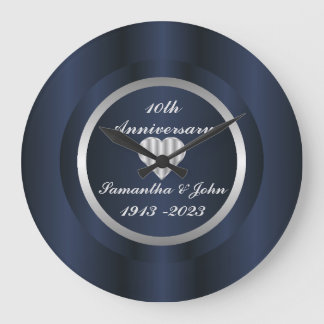 10th Navy Blue Silver Wedding Anniversary Large Clock