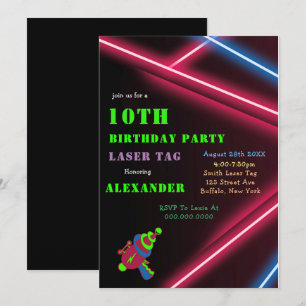 10th Neon Birthday Laser Tag Party Invitations