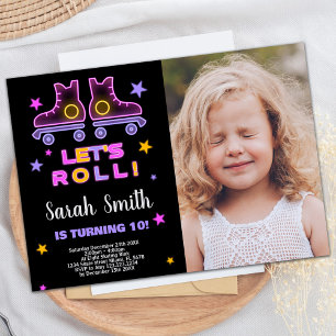 10th Neon Pink Purple Skating Birthday with photo Invitation