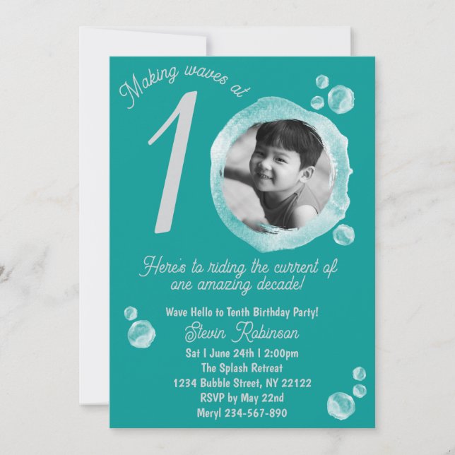 10th Ocean Teal Bubble Birthday Party Invitation (Front)