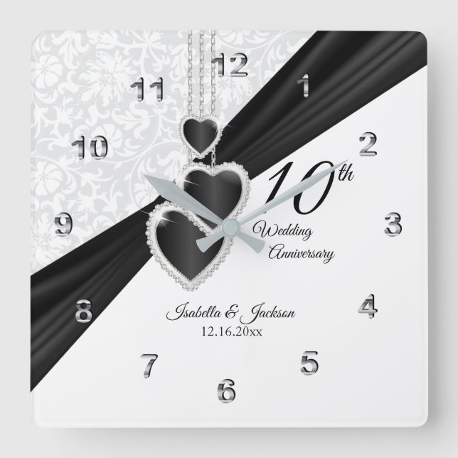 10th Onyx and White Wedding Anniversary Keepsake Square Wall Clock (Front)