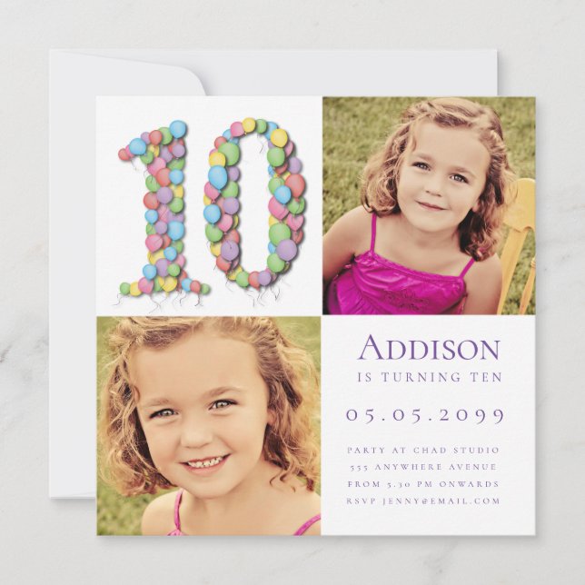10th Ten Year Old Balloons Birthday Party Photo  I Invitation (Front)