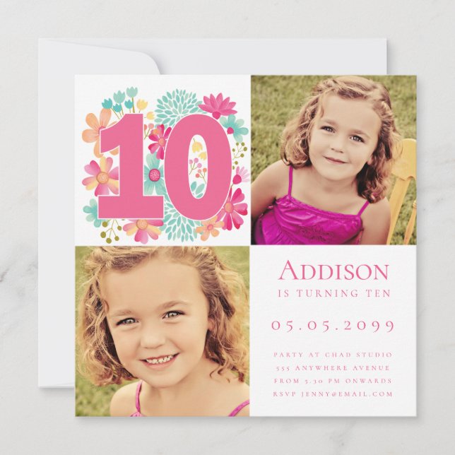 10th Ten Year Old Girls Birthday Party Photo Invitation (Front)
