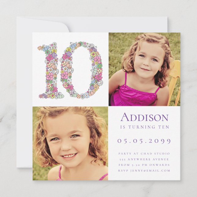 10th Ten Year Old Girls Birthday Party Photo Invitation (Front)
