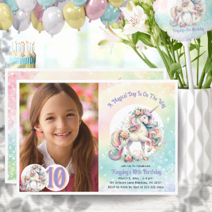 10th Tenth Unicorn Birthday Party Pastel Rainbow Invitation
