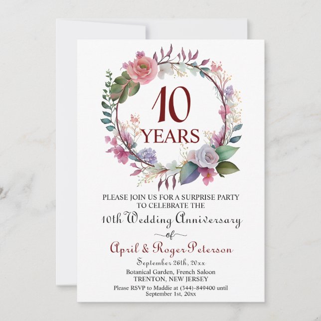 10th Tin Surprise Wedding Anniversary Floral Invitation (Front)