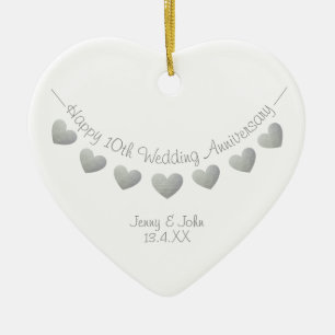10th tin wedding anniversary bunting heart ceramic tree decoration