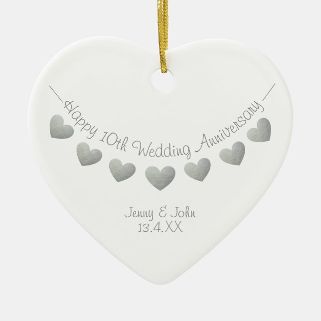 10th tin wedding anniversary bunting heart ceramic tree decoration (Front)