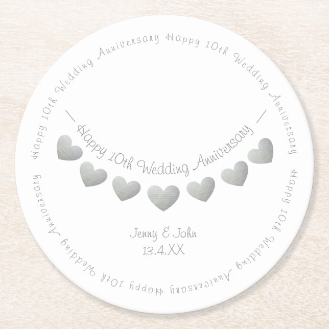 10th tin wedding anniversary bunting round paper coaster (Front)