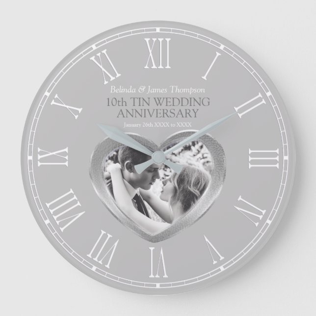 10th tin wedding anniversary custom photo heart large clock (Front)