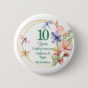 10th Tin Wedding Anniversary Gold Frame Floral 6 Cm Round Badge