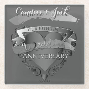 10th Tin Wedding Anniversary Heart Emblem Coaster