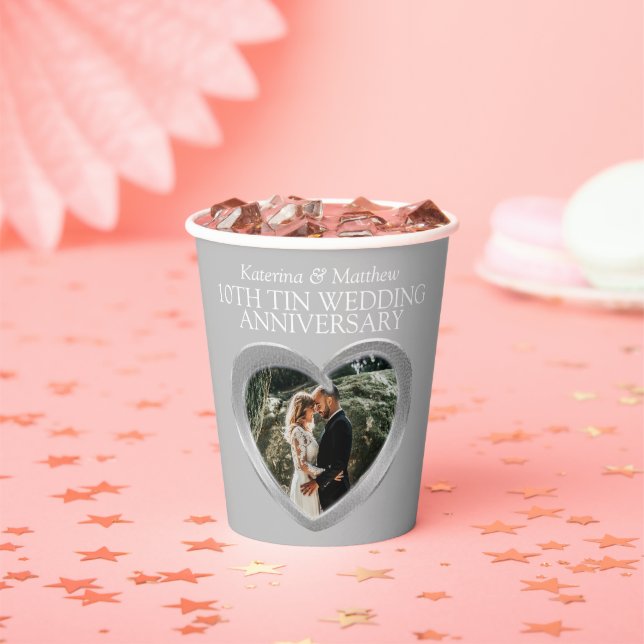 10th Tin Wedding anniversary heart photo grey Paper Cups (Insitu)
