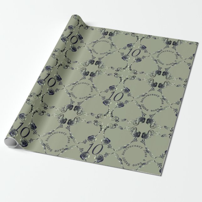 10th Tin Wedding Anniversary Rose Hearts  Wrapping Paper (Unrolled)