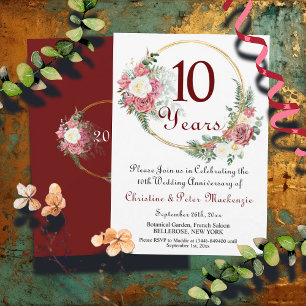 10th Tin Wedding Anniversary Roses Gold Frame Invitation
