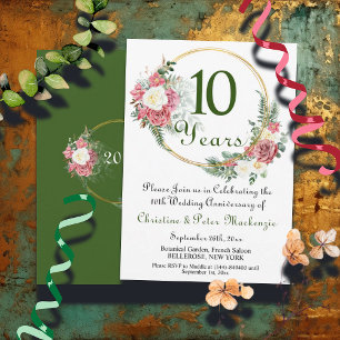 10th Tin Wedding Anniversary Roses Gold Frame Invitation