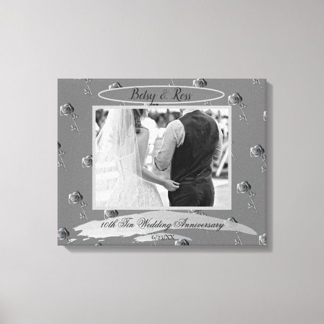 "10th Tin Wedding Anniversary" Tin Colour Roses Canvas Print (Front)