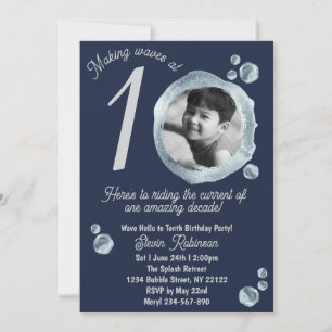 10th Twilight Blue Bubble Birthday Party Invitation