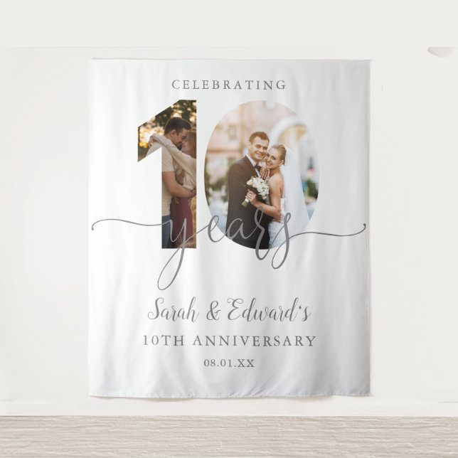 10th Wedding Anniversary 2 Photo Backdrop Tapestry (Front)