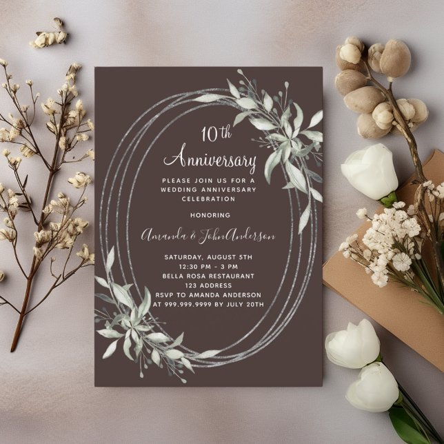 10th wedding anniversary brown bistre greenery invitation (Creator Uploaded)