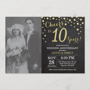 10th Wedding Anniversary Chalkboard Black and Gold Invitation