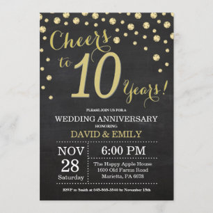 10th Wedding Anniversary Chalkboard Black and Gold Invitation