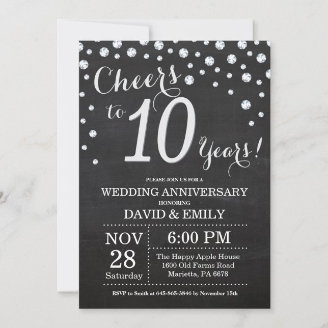 10th Wedding Anniversary Chalkboard Black Silver Invitation (Front)
