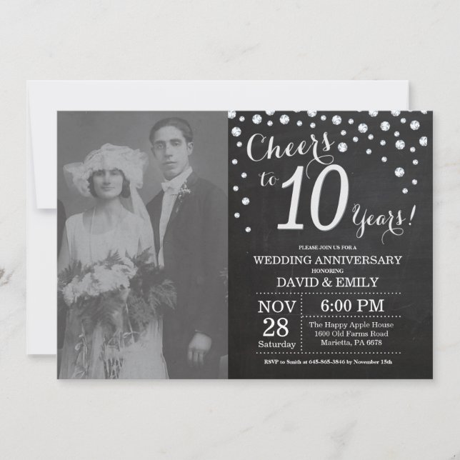10th Wedding Anniversary Chalkboard Black Silver Invitation (Front)