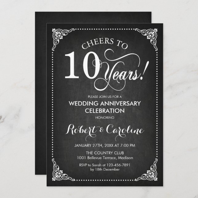 10th Wedding Anniversary - Chalkboard White Invitation (Front/Back)