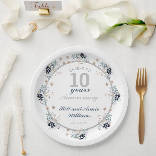 10th Wedding Anniversary Cheers to 10 Years Party  Paper Plate (Wedding)