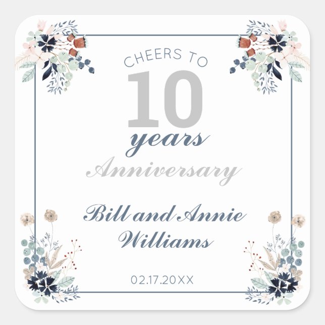 10th Wedding Anniversary Cheers to 10 Years Party  Square Sticker (Front)