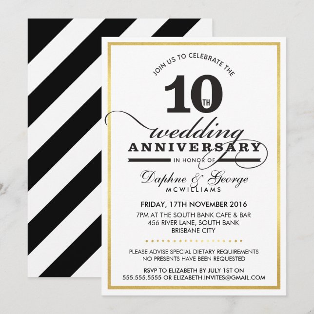10TH WEDDING ANNIVERSARY classy stylish gold black Invitation (Front/Back)