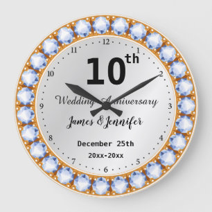 10th Wedding Anniversary diamond Custom Names Large Clock