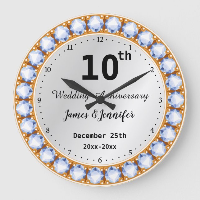 10th Wedding Anniversary diamond Custom Names Large Clock (Front)