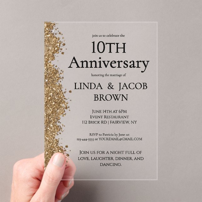 10th Wedding Anniversary Gold Faux Glitter  Acrylic Invitations (Insitu (Handheld))
