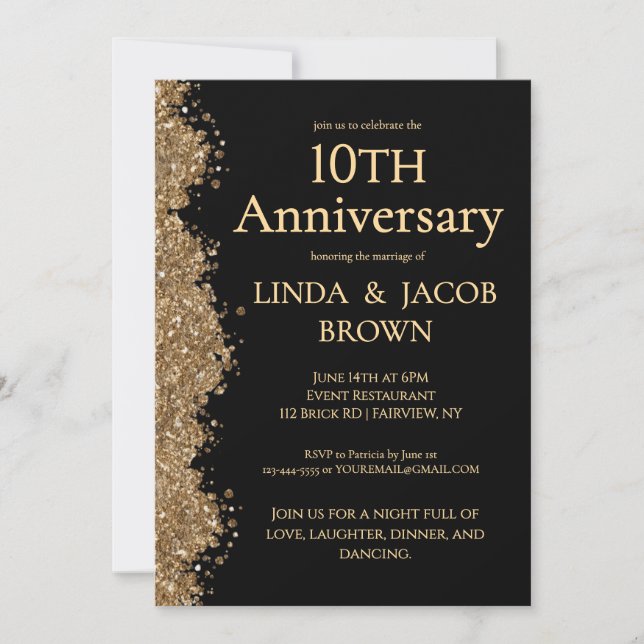 10th Wedding Anniversary Gold Faux Glitter  Invitation (Front)