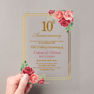10th Wedding Anniversary Gold Frame Surprise Party Acrylic Invitations