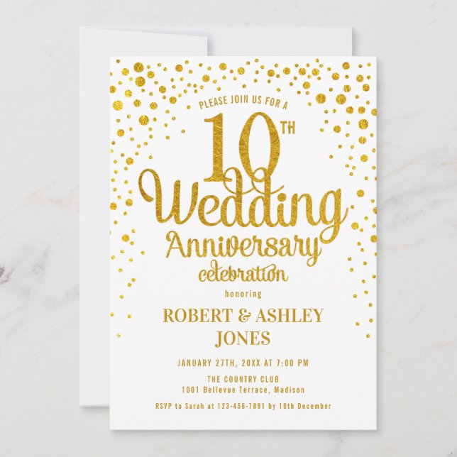 10th Wedding Anniversary - Gold & White Invitation (Front)