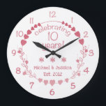 10th Wedding Anniversary Hearts Large Clock<br><div class="desc">Celebrate a milestone wedding anniversary with this gorgeous and elegant wall clock with a design featuring a wreath with red and pink hearts.</div>