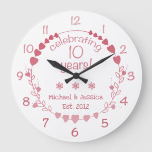 10th Wedding Anniversary Hearts Large Clock